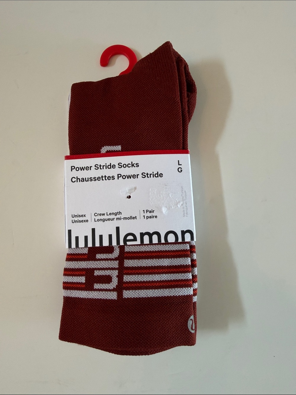 NEW Lululemon Power Stride Crew Socks Stripe Size L Cranberry Charm White Unisex